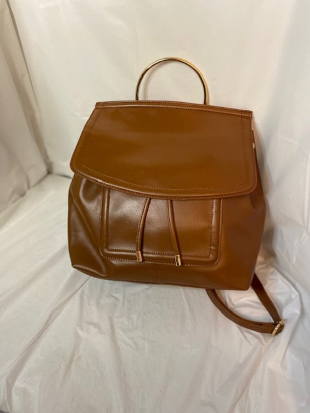 Kate & Mallory Brown Faux Leather Front Flap Backpack with Gold Metal Top Handle
